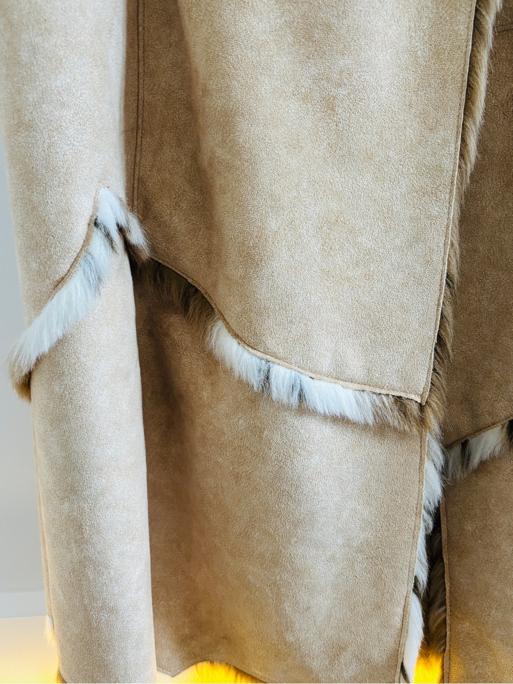 Vintage Faux Fur Trim Full Length Coat Western Boho Mob Wife Tan Beige Medium - Picture 12 of 15